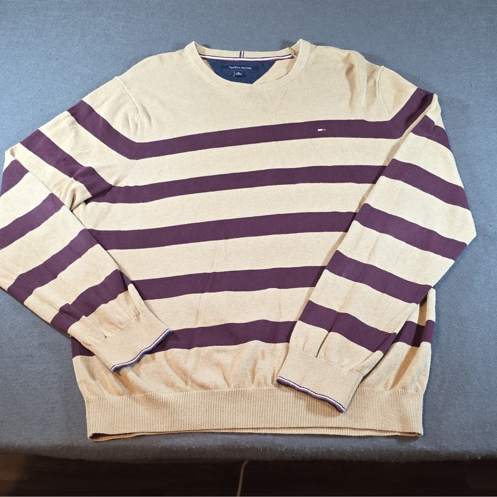 Tommy Hilfiger Men's Beige Purple Striped Crew Neck Logo Cotton Sweater XL
